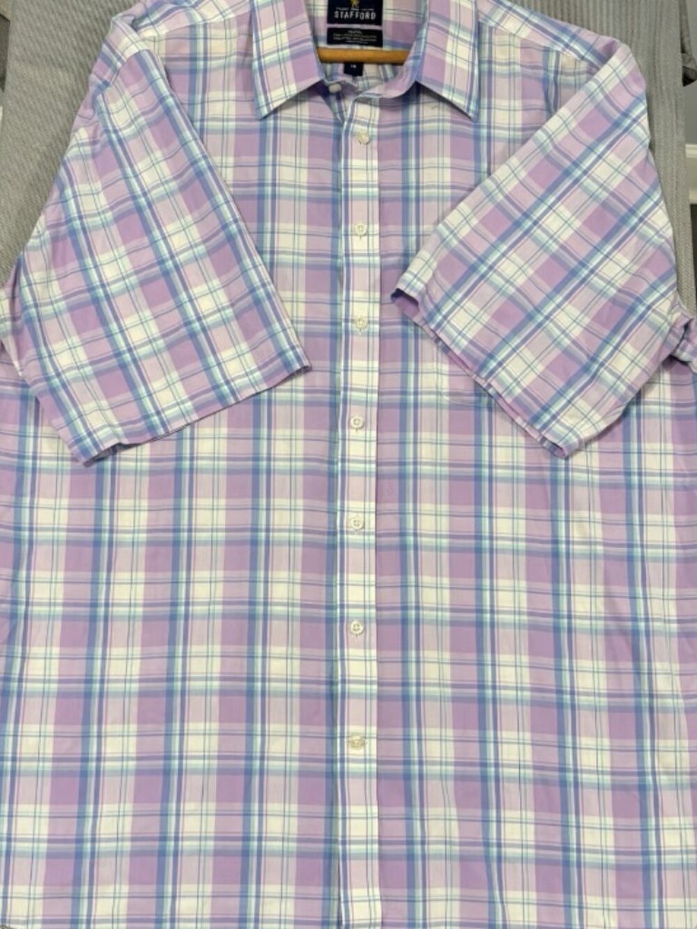 Stafford Men's Short Sleeve Plaid Button Down Shirt Size 18 Purple Blue White